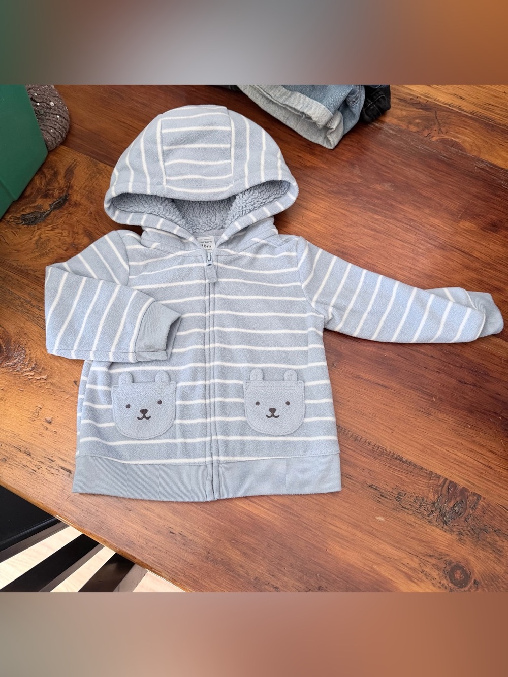 Carter's Light Blue & White Striped Hooded Zip Sweatshirt with Bear Pockets